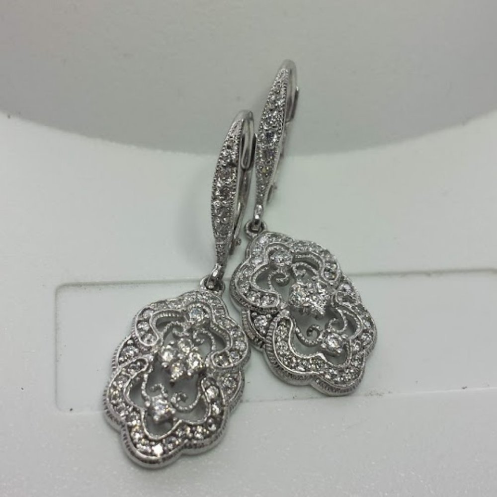 925 Sterling Silver CZ Diamonique Floral Earrings Retro Art Deco Style - Picture 7 of 14